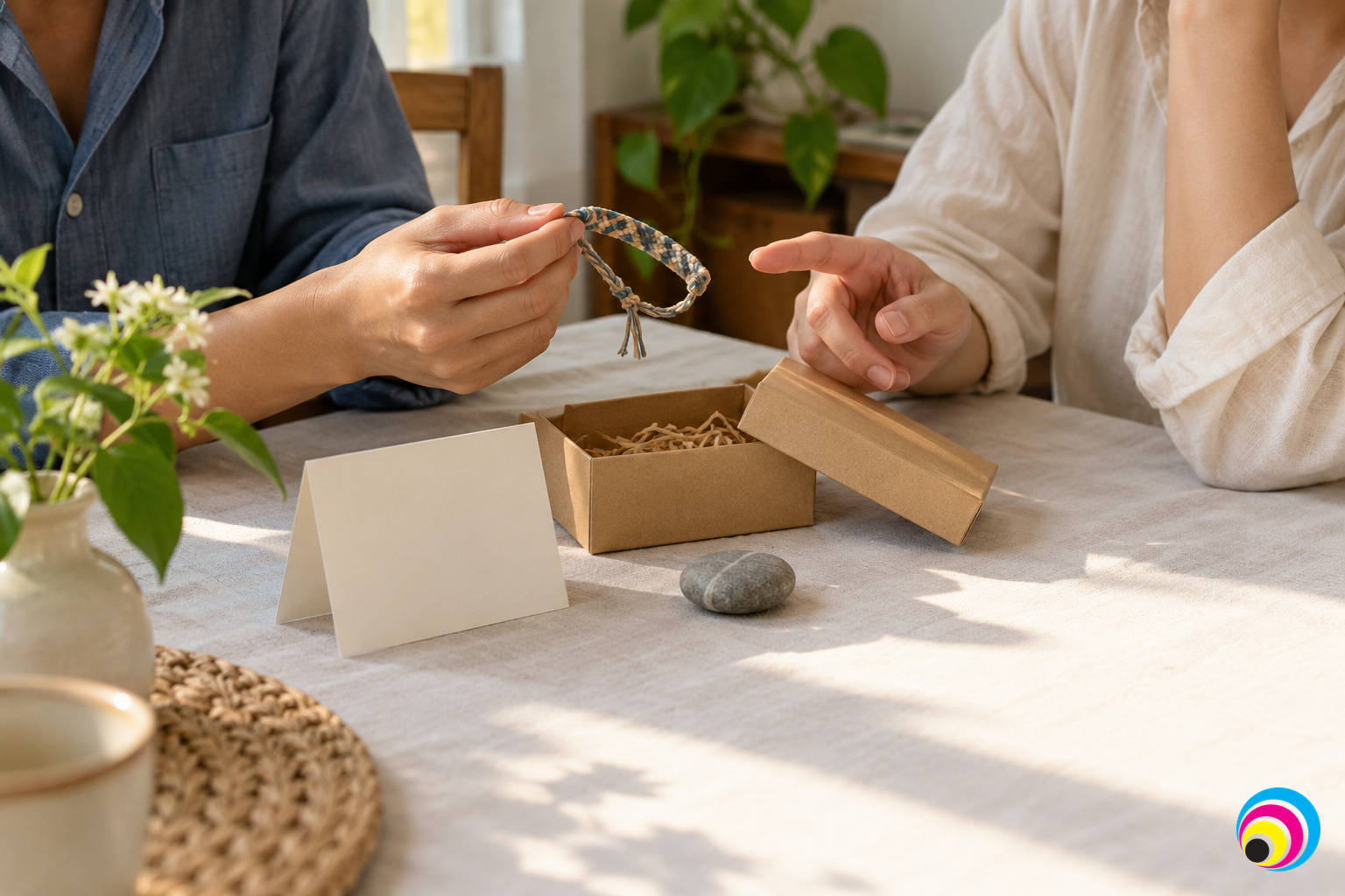 Hai người xem lại những món đồ kỷ niệm nhỏ trước khi chọn quà.